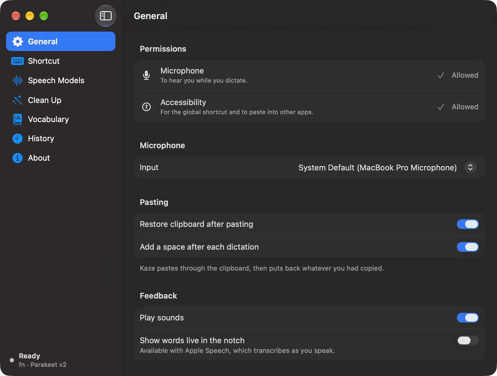 Kaze General settings in dark mode, showing permissions, microphone input and pasting options