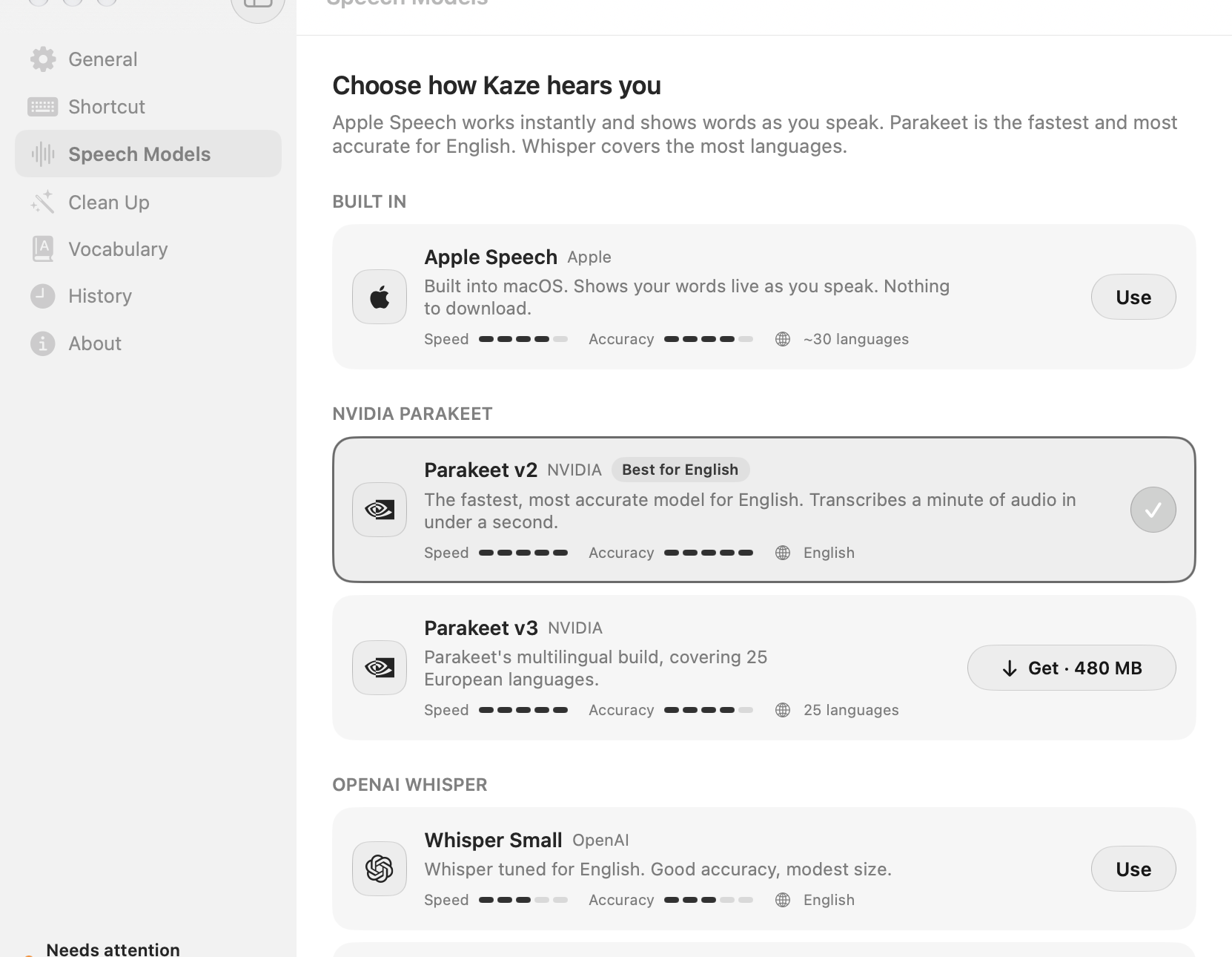 Kaze Speech Models settings, listing Apple Speech, Parakeet v2, Parakeet v3 and Whisper